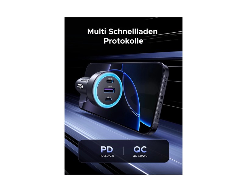 UGREEN auto punjač 30W s 3 ulaza, 2x USB-C, USB-A, PD3.0/QC3.0, sivi
