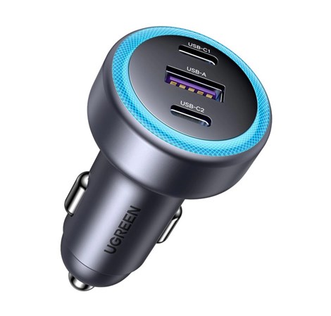 UGREEN auto punjač 30W s 3 ulaza, 2x USB-C, USB-A, PD3.0/QC3.0, sivi