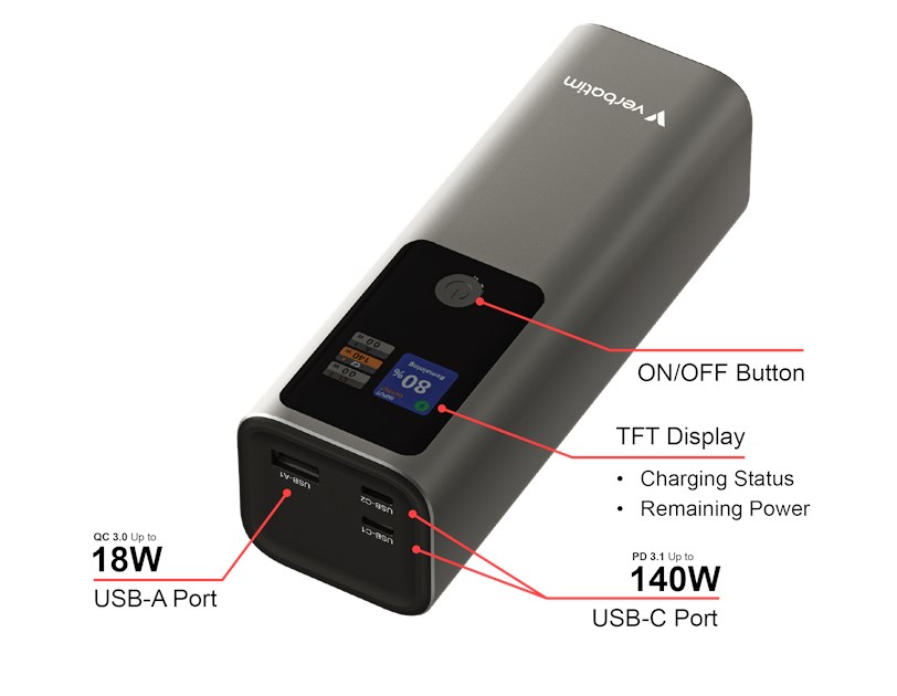 Verbatim Powerbank 27000 mAH Charge 'n' Go 183W max, Dual USB-C® port, 1xUSB-A, Smart digital TFT display