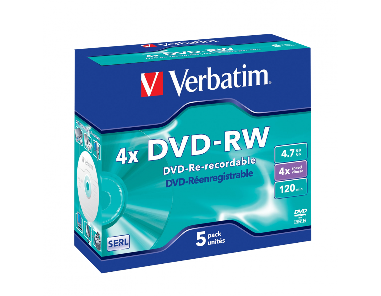 DVD-RW Verbatim 4.7GB 4× Matt Silver 5 pack JC