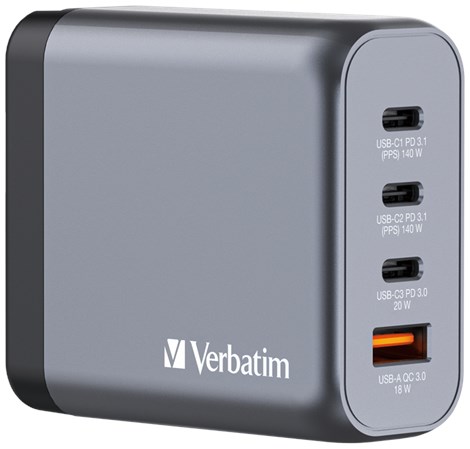 Verbatim GNC-140 GaN zidni punjač 140W, 4 priključka, 2 x USB-C PD 140 W / 1 x USB-C PD 20 W / 1 x USB-A QC 3.0