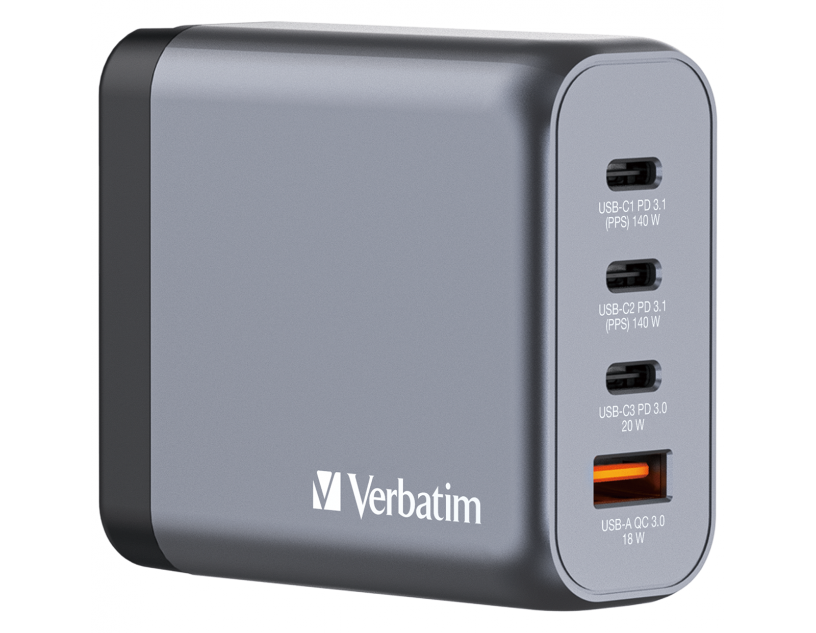 Verbatim GNC-140 GaN zidni punjač 140W, 4 priključka, 2 x USB-C PD 140 W / 1 x USB-C PD 20 W / 1 x USB-A QC 3.0