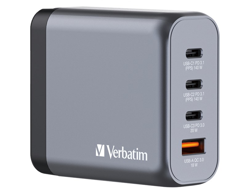 Verbatim GNC-140 GaN zidni punjač 140W, 4 priključka, 2 x USB-C PD 140 W / 1 x USB-C PD 20 W / 1 x USB-A QC 3.0