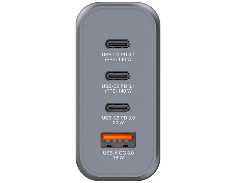 Verbatim GNC-140 GaN zidni punjač 140W, 4 priključka, 2 x USB-C PD 140 W / 1 x USB-C PD 20 W / 1 x USB-A QC 3.0