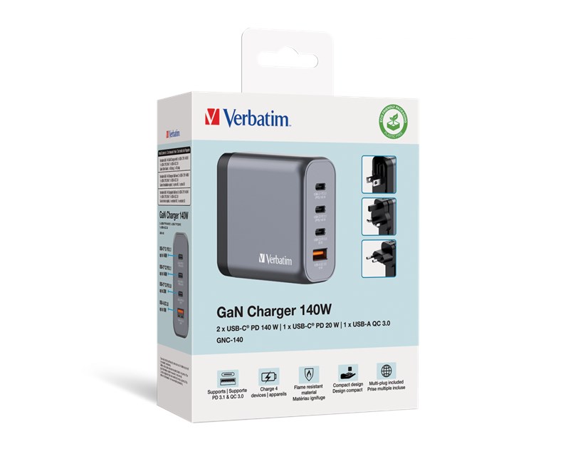 Verbatim GNC-140 GaN zidni punjač 140W, 4 priključka, 2 x USB-C PD 140 W / 1 x USB-C PD 20 W / 1 x USB-A QC 3.0