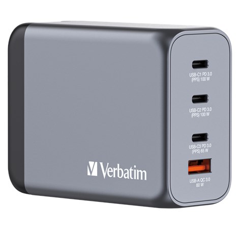 Verbatim GNC-200 GaN zidni punjač 200W, 4 priključka, 2 x USB-C PD 100 W / 1 x USB-C PD 65 W / 1 x USB QC 3.0