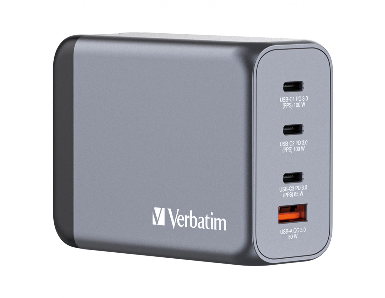 Verbatim GNC-200 GaN zidni punjač 200W, 4 priključka, 2 x USB-C PD 100 W / 1 x USB-C PD 65 W / 1 x USB QC 3.0