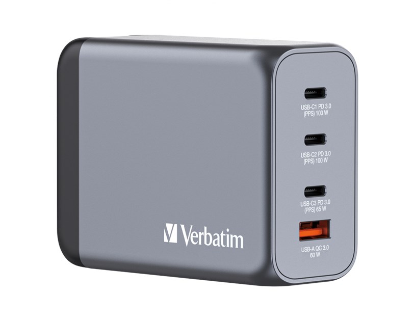 Verbatim GNC-200 GaN zidni punjač 200W, 4 priključka, 2 x USB-C PD 100 W / 1 x USB-C PD 65 W / 1 x USB QC 3.0