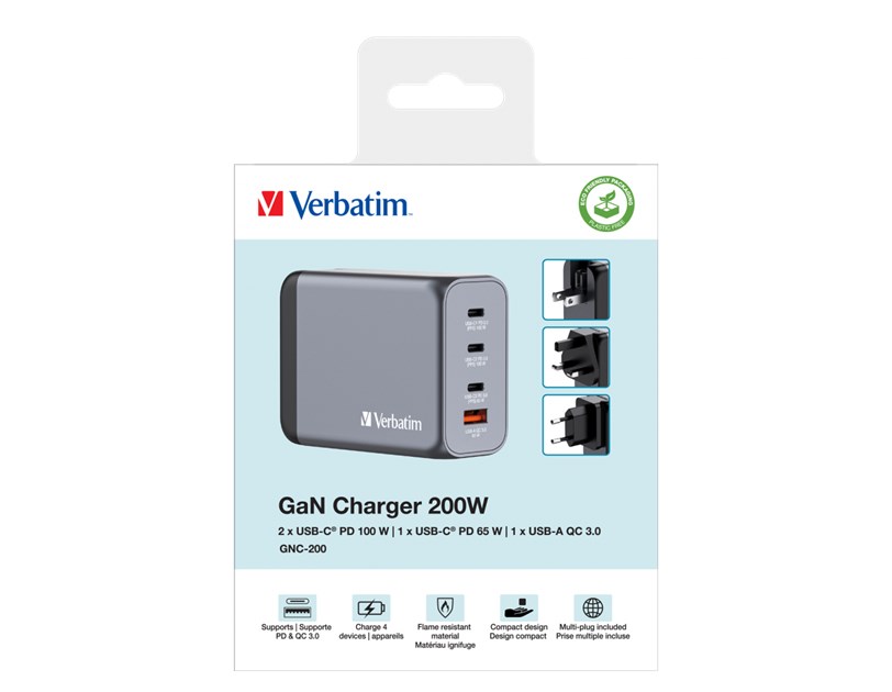 Verbatim GNC-200 GaN zidni punjač 200W, 4 priključka, 2 x USB-C PD 100 W / 1 x USB-C PD 65 W / 1 x USB QC 3.0