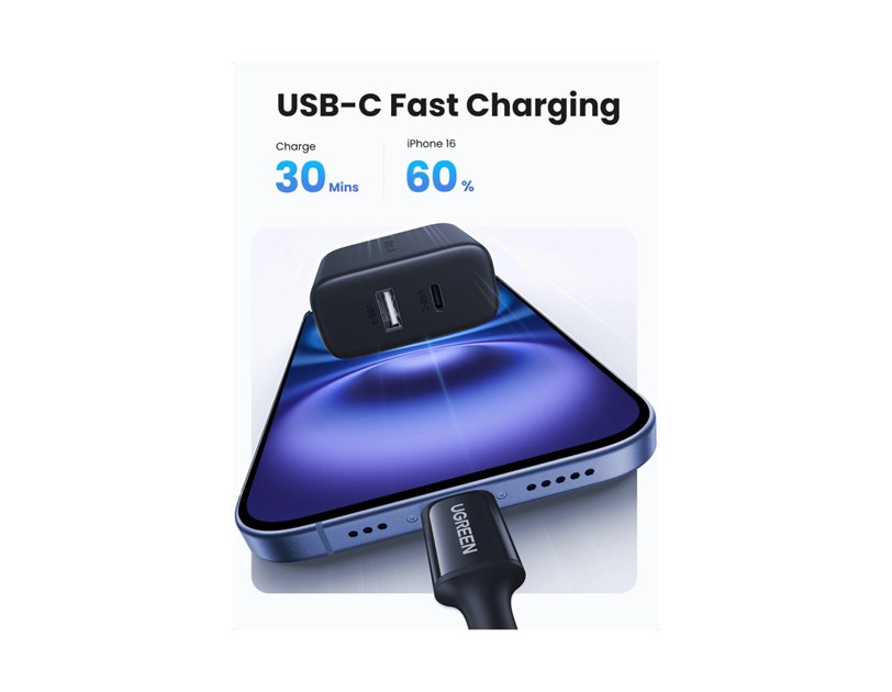 UGREEN zidni punjač 20W, USB-A, USB-C, QC 4.0+, crni