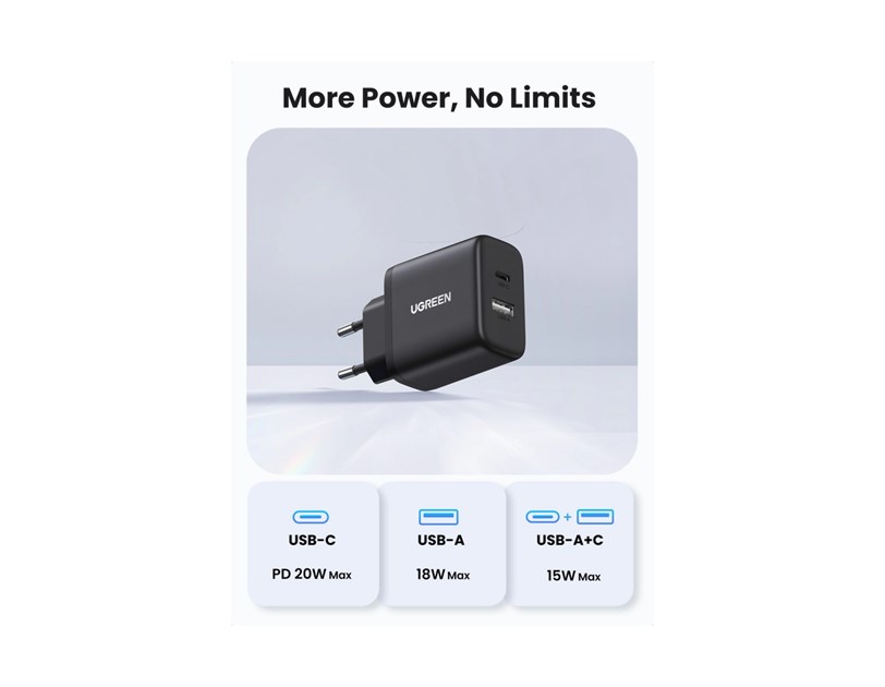 UGREEN zidni punjač 20W, USB-A, USB-C, QC 4.0+, crni