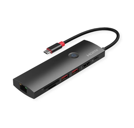 Roline USB-C multiport docking station, 1×4K HDMI, 2×USB 3.2 Gen 2, 1×USB Type C PD, 1×G-LAN, 1×SD/microSD Card Reader