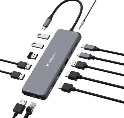 Verbatim USB-C Pro Multiport 13-port Hub, 2×HDMI, 1×DP, 1×RJ45, 3×USB-A 3.2 Gen1, 1×USB-A 3.2 Gen2, 2×USB-A 2.0, 1×Audio, 2×USB-C (PD 100W) CMH-13