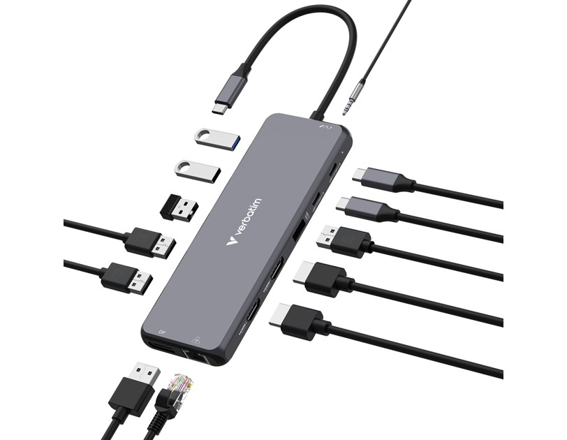 Verbatim USB-C Pro Multiport Hub 13 Port CMH-13: 2xHDMI, 1xDisplayPort, 1xRJ45, 3xUSB-A 3.2 Gen 1, 1xUSB-A 3.2 Gen 2, 2xUSB-A 2.0, 1xAudio, 2xUSB-C PD