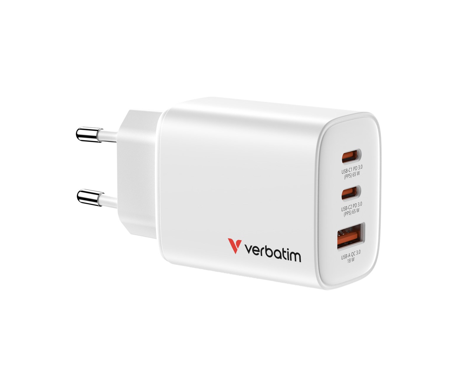 Verbatim GaN Essentials zidni punjač 65W, 2× USB-C i 1× USB-A, bijeli