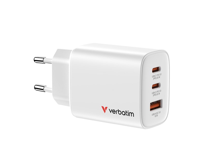Verbatim GaN Essentials zidni punjač 65W, 2× USB-C i 1× USB-A, bijeli