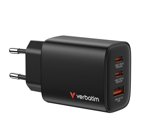 Verbatim GaN Essentials zidni punjač 65W, 2× USB-C i 1× USB-A, crni
