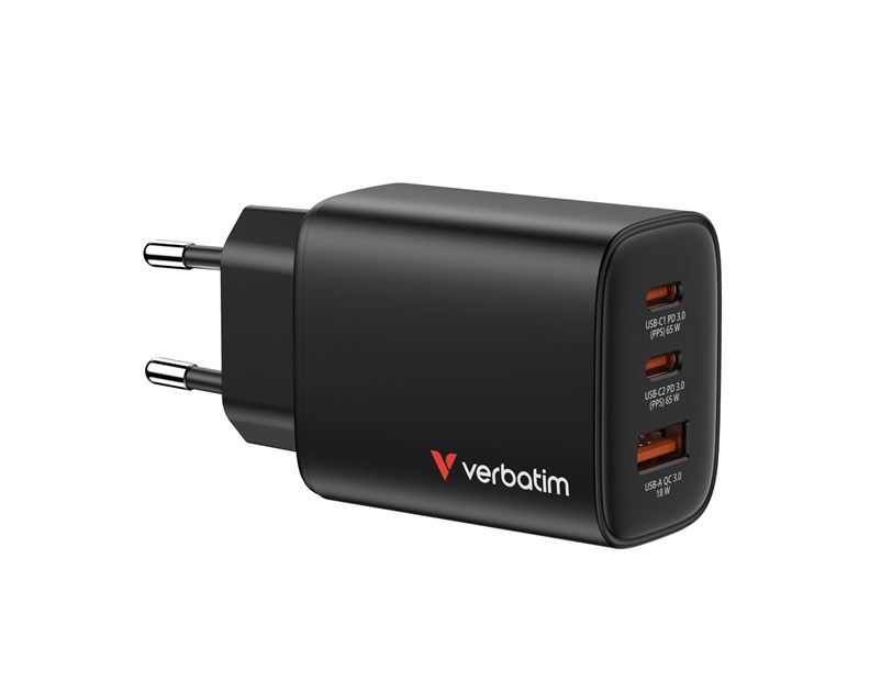 Verbatim GaN Essentials zidni punjač 65W, 2× USB-C i 1× USB-A, crni