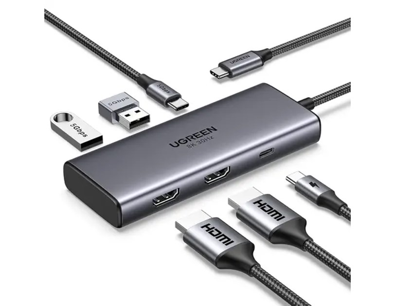 UGREEN 7-portni USB-C HUB na 2xUSB-A 3.2, 2xUSB-C 3.2, 1xUSB-C za napajanje, 2x HDMI 60 Hz, 1xHDMI, sivi