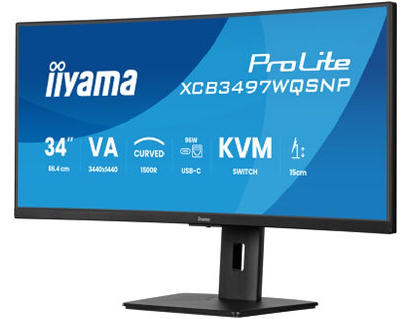 IIYAMA 34" XCB3497WQSNP-B1 UWQHD (3440×1440) curved VA, 21:9,350 cd/m2, 3000:1, HDMI x2, DP,  USB-C dock, RJ45, KVM switch, HAS 15cm,