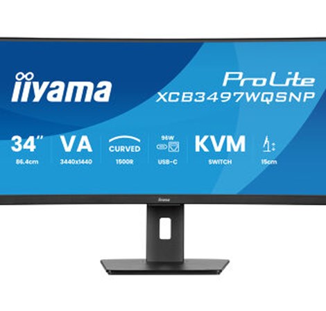 IIYAMA 34" XCB3497WQSNP-B1 UWQHD (3440×1440) curved VA, 21:9,350 cd/m2, 3000:1, HDMI x2, DP,  USB-C dock, RJ45, KVM switch, HAS 15cm,
