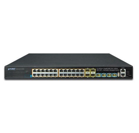 PLANET Layer 3 24-Port 10/100/1000T 802.3at PoE with 4-port shared 100/1000X SFP + 4-Port 10G SFP+ Stackable Managed Gigabit Switch