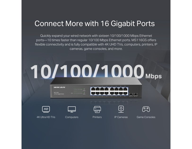 Mercusys 16-Port Gigabit Desktop preklopnik (Switch) 16×10/100/1000Mbps, Plug & Play, Auto-Negotiation, Auto-MDI/MDIX, metalno kučište 
