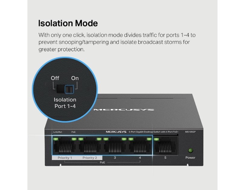 Mercusys 5-Port Gigabit Desktop preklopnik (Switch) 4× Gigabit PoE+, 1× Gigabit Non-Po, Plug & Play, metalno kučište 