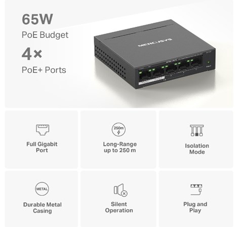Mercusys 5-Port Gigabit Desktop preklopnik (Switch) 4× Gigabit PoE+, 1× Gigabit Non-Po, Plug & Play, metalno kučište 