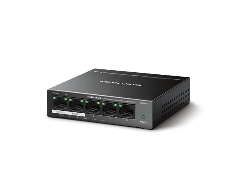 Mercusys 5-Port Gigabit Desktop preklopnik (Switch) 4× Gigabit PoE+, 1× Gigabit Non-Po, Plug & Play, metalno kučište 