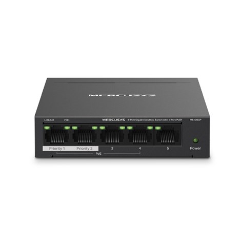 Mercusys 5-Port Gigabit Desktop preklopnik (Switch) 4× Gigabit PoE+, 1× Gigabit Non-Po, Plug & Play, metalno kučište 
