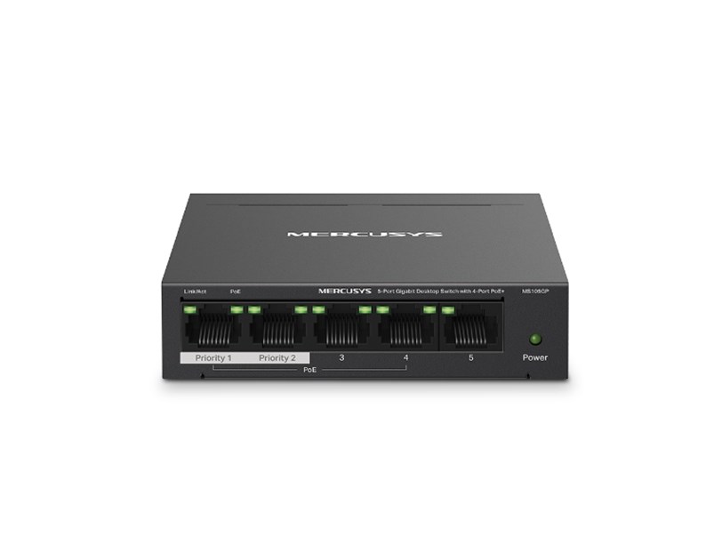 Mercusys 5-Port Gigabit Desktop preklopnik (Switch) 4× Gigabit PoE+, 1× Gigabit Non-Po, Plug & Play, metalno kučište 