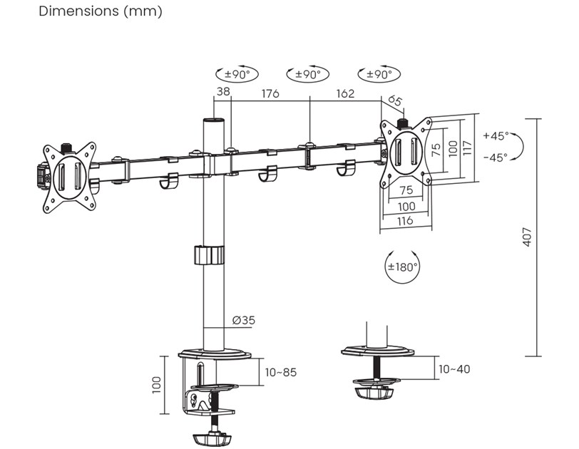 BIT FORCE nagibno-okretni stolni nosač za 2 monitora BRACKET DMM-32-2M