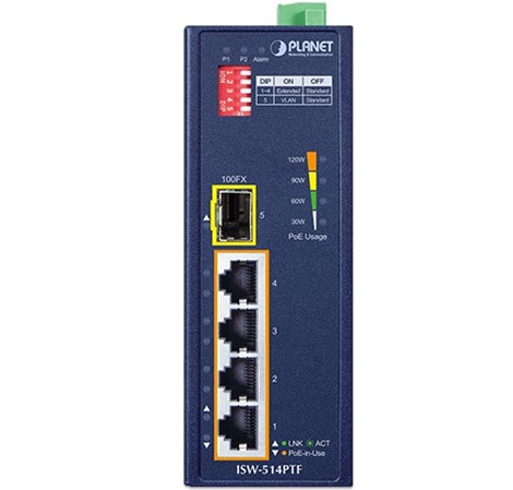 PLANET IP40 4-Port 10/100TX 802.3at PoE + 1-Port 100FX SFP Industrial Fast Ethernet Switch