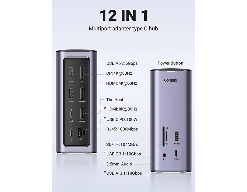 UGREEN Revodok Pro 312 12u1, 2xHDMI, DisplayPort, Thunderbolt 4, USB-C 3.2, USB-A 3.2, USB 3.0, RJ45, čitač kartica TF/SD, 3.5mm