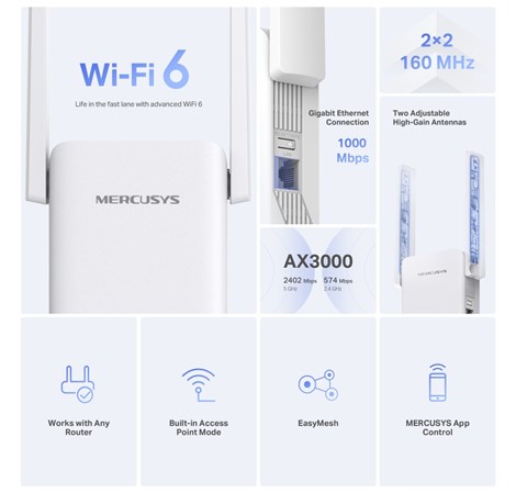 Mercusys AX3000 bežični pojačivač dometa (Range Extender Wi-Fi 6) Dual Band 574Mbps/2402Mbps (2.4GHz/5GHz) 1×G-LAN, 2×vanjska antena