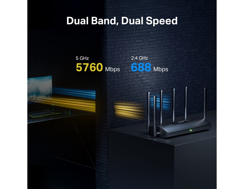 Mercusys BE3600 bežični usmjerivač (Duali-Band Wi-Fi 7 Router) 688Mbps/5760Mbps (2.4GHz/5GHz), 802.11be/ax/ac/a/b/g/n, 3×G-LAN, 1×G-WAN, 6x fiksne omni-direkcione antene
