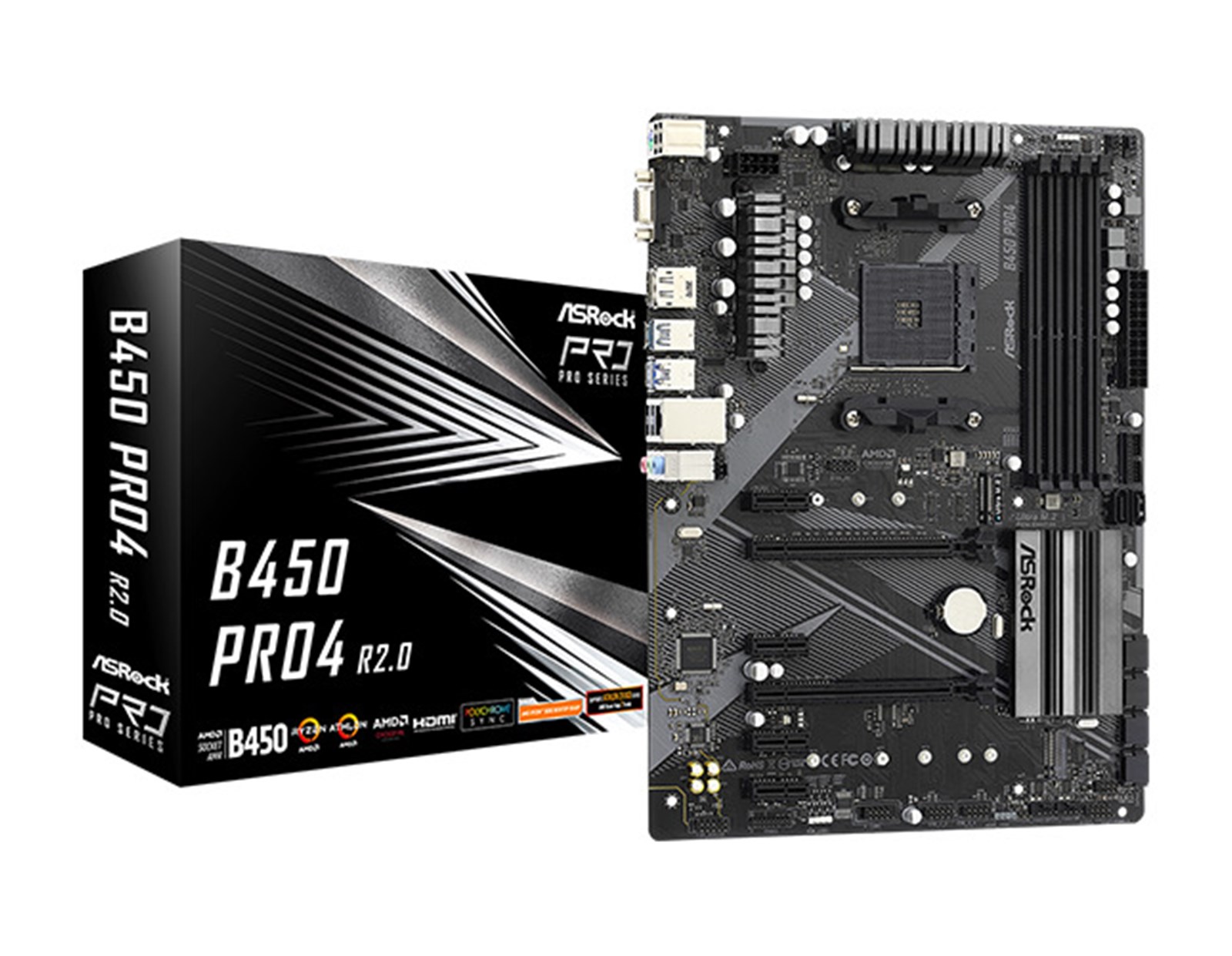 ASRock MB B450 PRO4 R2.0, S.AM4, DDR4/3200+ (OC), PCIe 3.0, M.2, G-LAN, VGA/HDMI/DP, ATX