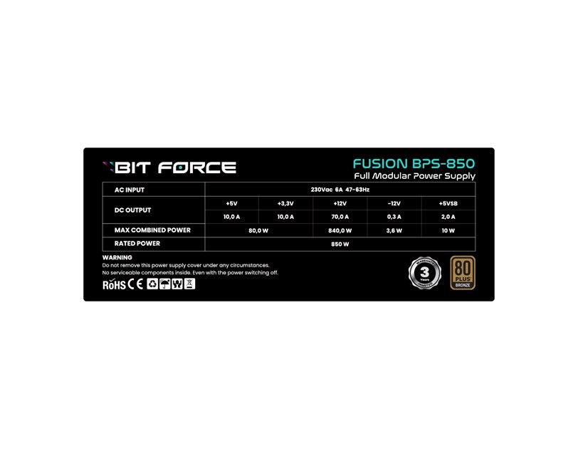BIT FORCE napajanje 850W 80+ BRONZE FUSION BPS-850, modularno, ATX 3.1, PCI-E 5.1