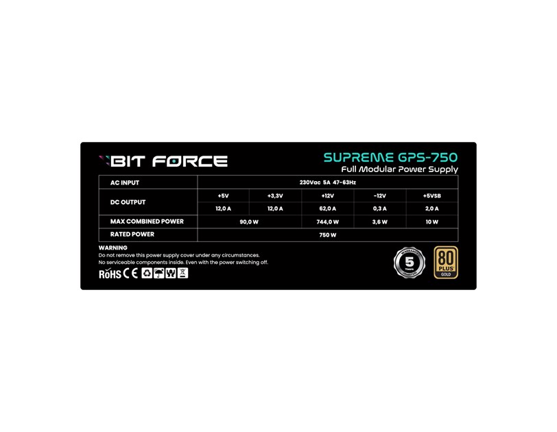BIT FORCE napajanje 750W 80+ GOLD SUPREME GPS-750, modularno, ATX 3.1, PCI-E 5.1, FDB