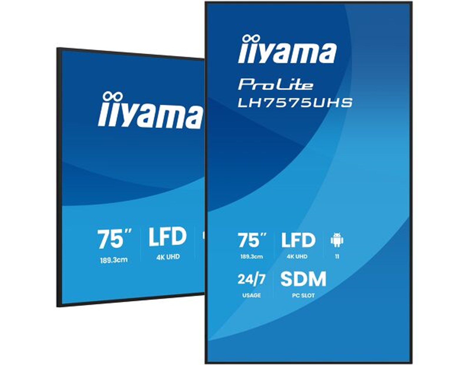 IIYAMA 75" LH7575UHS-B2AG 3840x2160, UHD IPS panel, Haze 25%, 500cd/m2, Landscape and Portrait, Signal FailOver, Speakers 2x 10W, HDMI 3x, DisplayPort, DP-out (MST/Mirror/Tiling), USB 2.0 x2, WiFi