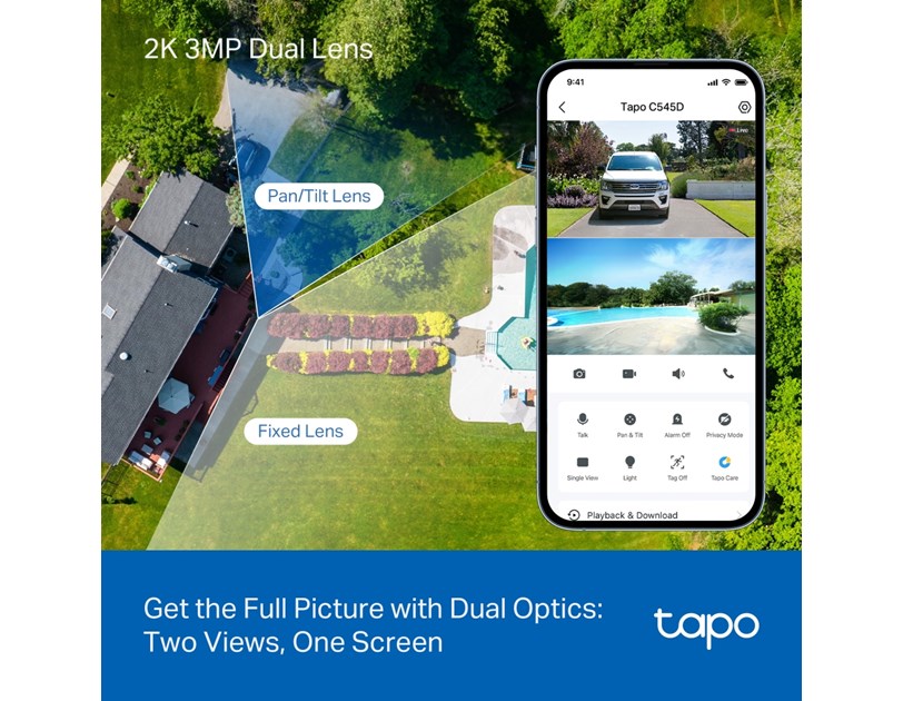 TP-Link Tapo C545D 2K 3MP (2304 x 1296 px), 360°/130° Pan/Tilt, H.264, Color Night Vision, microSD/RJ45 portovi, dvosmjerni audio, detekcija pokreta, IP66, Wi-Fi, Tapo app