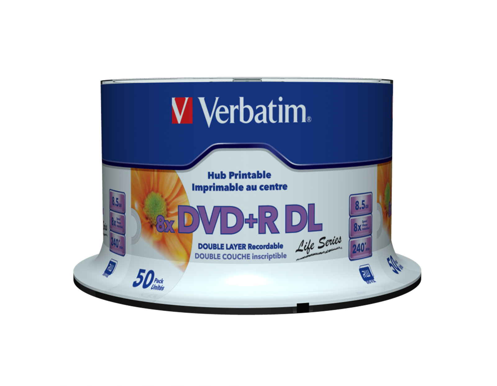 DVD+R DL Verbatim 8.5GB 8× Wide PRINTABLE (No-ID) 50 pack spindle