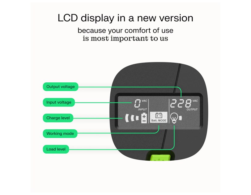 Green Cell UPS (UPSLM1200) 2000VA/1200W, Modified sine wave, Line Interactive AVR, LCD