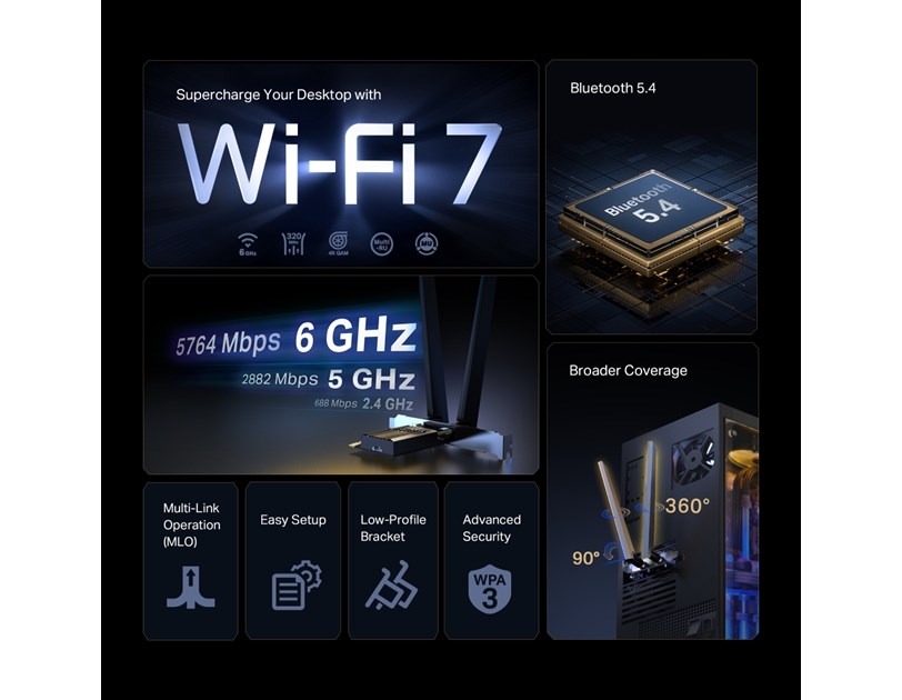 TP-Link BE9300 Archer TBE552E bežični Tri-Band Wi-Fi 7, BT5.4 PCI-E adapter, 5760Mbps/2880Mbps/688Mbps (2.4GHz/5GHz/6GHz), MLO, 2×antene