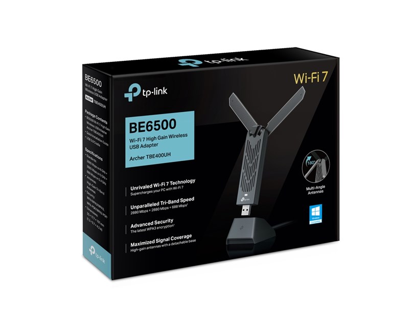 TP-Link BE6500 Archer TBE400UH Wi-Fi 7 High Gain Wireless USB Adapter, 2882Mbps/2882Mbps/688Mbps (2.4GHz/5GHz/6GHz), 2× High-Gain Tri-Band Antennas