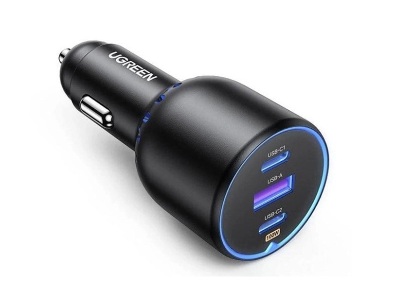 UGREEN auto punjač, 130W, 2x USB-C, USB-A, PD, sivi