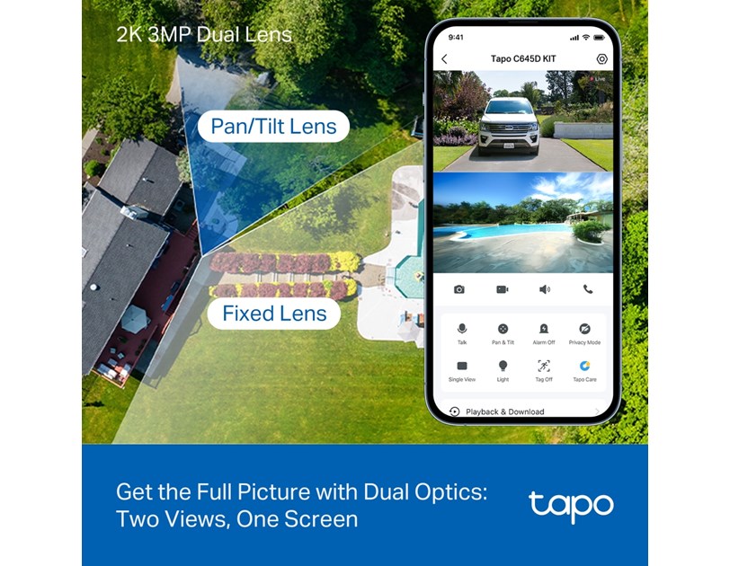 TP-Link Tapo C645D kamera + Tapo A201 Solar panel 2x 2K/3MP (2304×1296)Color Night Vision, microSD, 6×Spotlights, detekcija pokreta, IP65, ugrađena punjiva Li-Ion baterija, Wi-Fi/Tapo app
