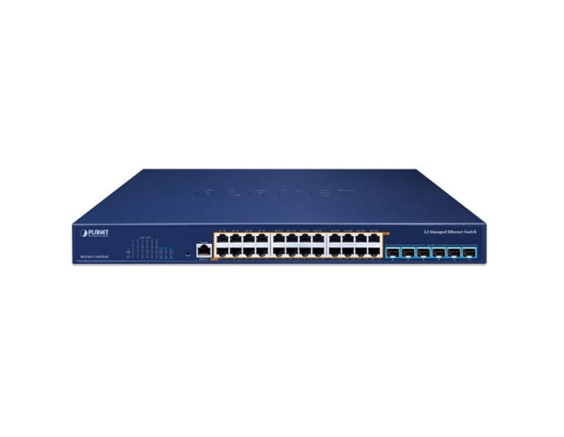 PLANET Layer 3 24-Port 2.5GBASE-T 95W 802.3bt PoE + 6-Port 10GBASE-X SFP+ Managed Ethernet Switch, 720W PoE budget, hardware-based Layer 3 RIPv1/v2, OSPFv2 dynamic routing