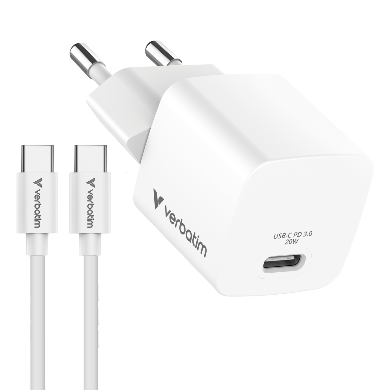 Verbatim Mini GaN punjač 20W PD3.0  s kabelom USB-C / USB-C, M/M, 1.0m , bijeli